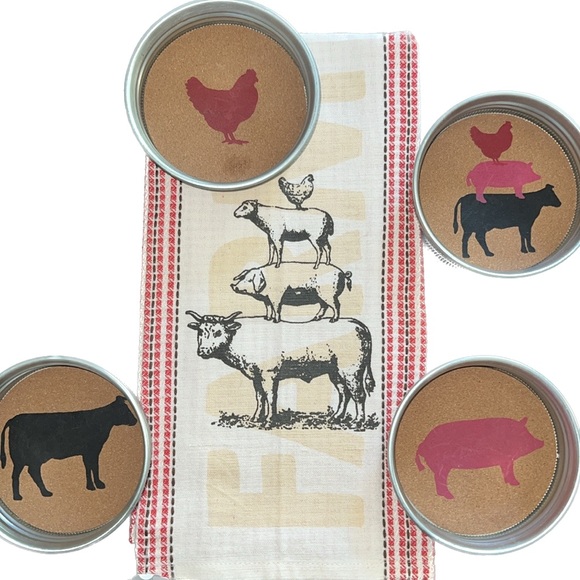 Farm Fresh collection: dish towels rooster/lamb/pig/bull on jacquard/gingham-NWT - Picture 1 of 16